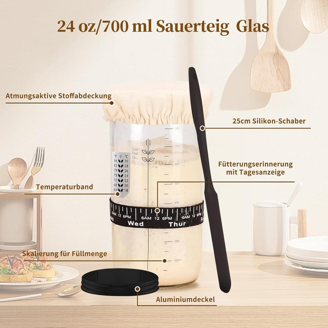 Sauerteig Starter Set, 700ml Sauerteig Glas, Baumwollseil Runde Gärkörbchen für Brot Gärkorb Brot mi