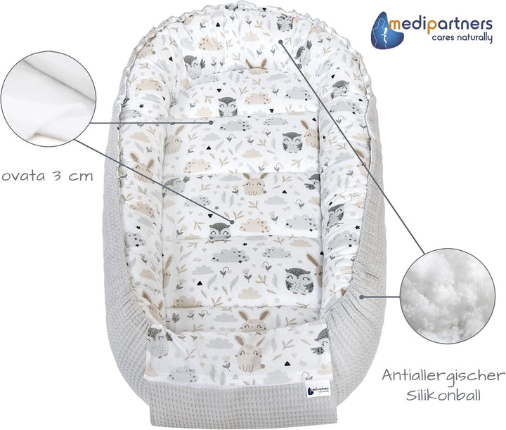 Medi Partners Babynest Kuschelnest Babynestchen 100% Baumwolle Waffle Nestchen Reisebett für Babys S
