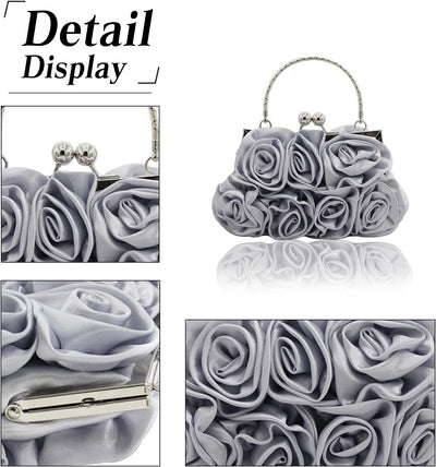 CORIOS Damen Elegante Abendtasche Blumen Clutch Tasche Handtasche mit Kette Kiss Lock Mini Rose Schu