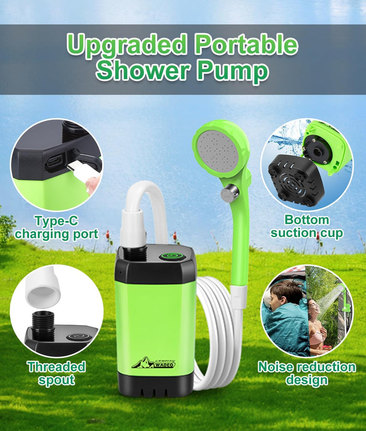 WADEO Tragbare Campingdusche Akku mit Pumpe, Camping Dusche mit wiederaufladbarem Akku [6000-8000mAh