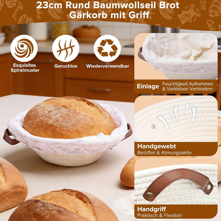Gärkorb Brot Set, Gärkörbchen Baumwollseil Rund 23 cm mit Griff, Inklusive Gärfolie, Bäckermesser, T