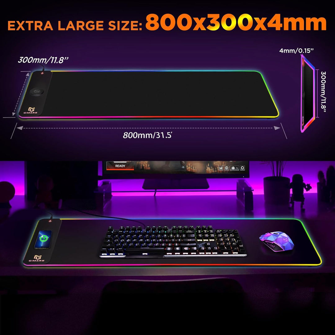 Gimars Upgrade Gaming Mauspad RGB, 15W Kabelloser Schnellladung, 800x300x5mm, Mousepad XXL mit 10 Fa