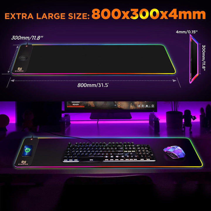 Gimars Upgrade Gaming Mauspad RGB, 15W Kabelloser Schnellladung, 800x300x5mm, Mousepad XXL mit 10 Fa
