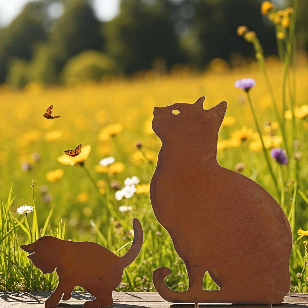 Bornhöft Gartendeko Gartenstecker Katze mit Kitte Katzenbaby Edelrost Rost-Optik Metallfigur, Garten