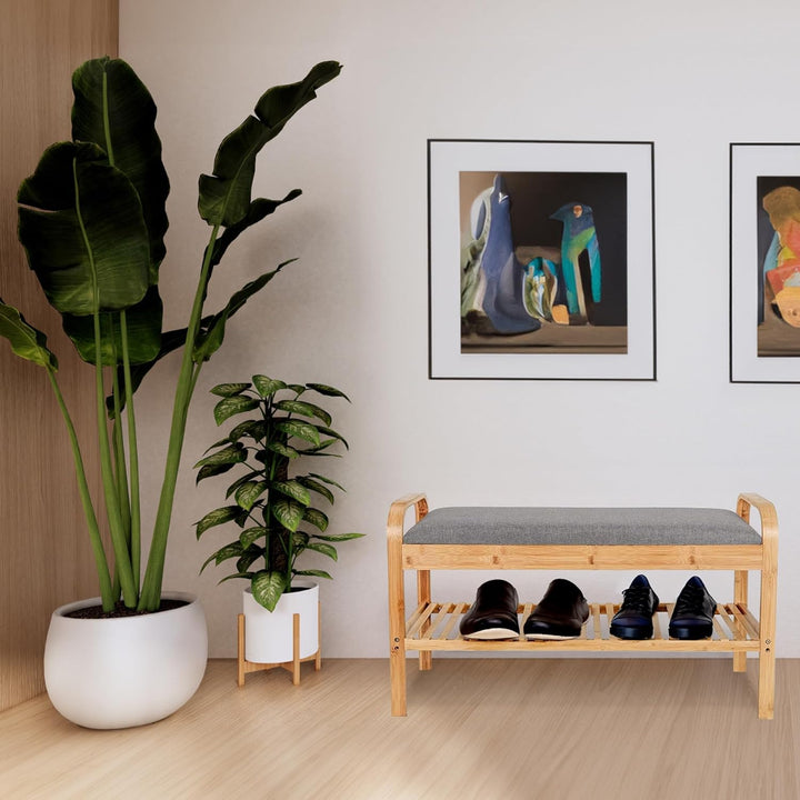 Bambus Schuhregal, Schuhregal aus Bambus mit Sitzbank, Schuhbank mit Sitzkissen, Sitzbank mit einer