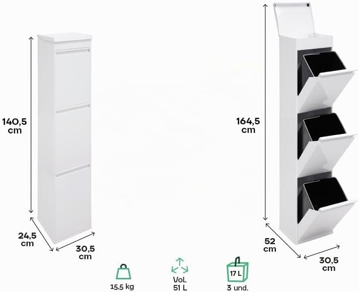 ARREGUI Top CR321-B Mülltrennsystem aus Stahl mit Aufbewahrungsbox mit Deckel | 3 Fächer Mülleimer f