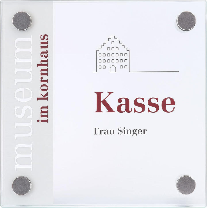 GALERIE Türschild | 150x150 mm | 2 Scheiben ESG Glas | 4x Edelstahl Halter | Türschild Büro | Bürosc