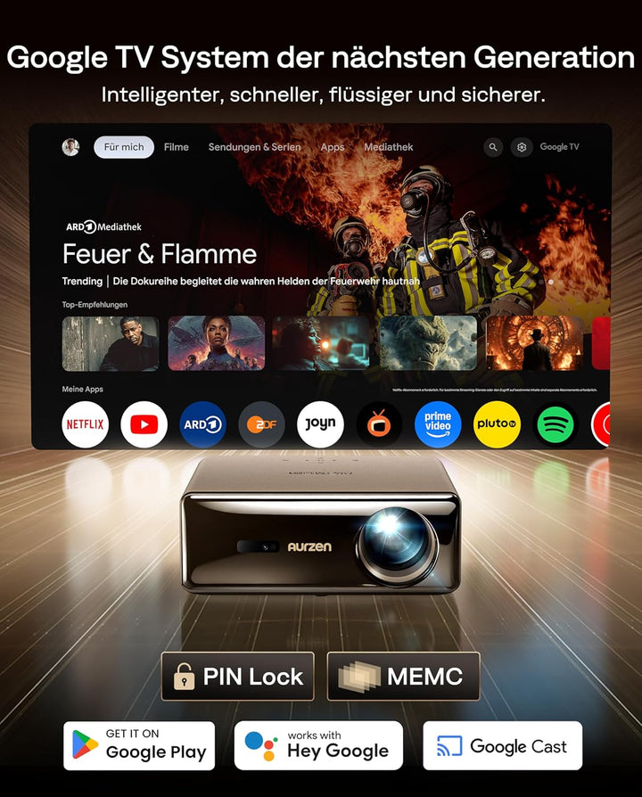 Aurzen EAZZE D1 MAX Beamer mit Google TV 14.0 & Netflix, 4K Unterstützt, Smart Projektor mit 1000 AN