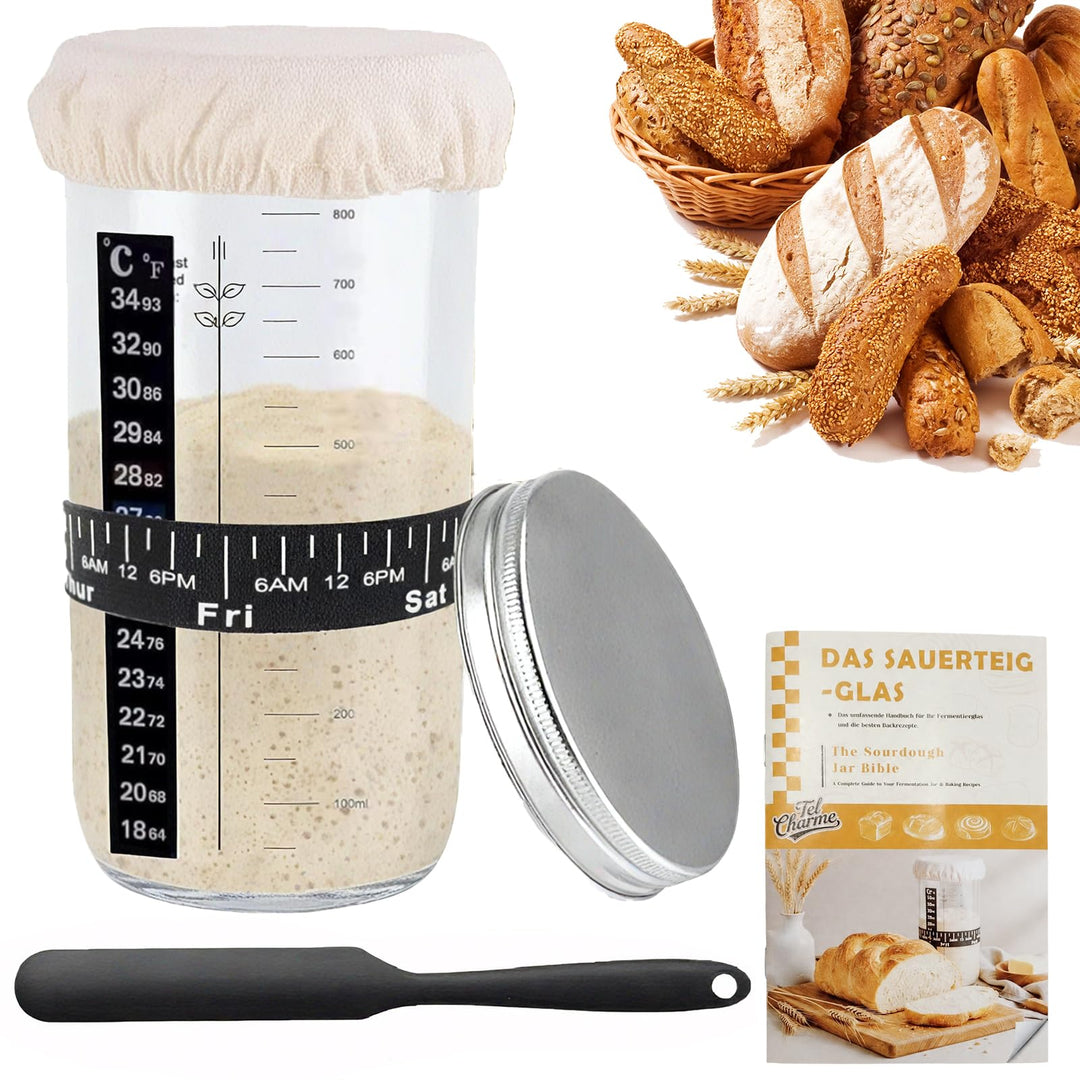 Sauerteig Starter Jar Kit 1000ml Gärglas mit Spatel, Sauerteig Glas, Fermentierglas, Sourdough Start