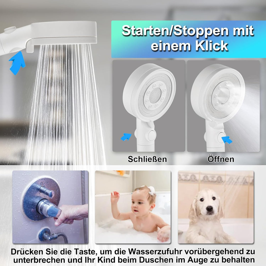 Duschkopf mit 4 PP Filter, Hochdruck Duschkopf Weiss | Handbrause mit 5 Sprühmodi, wassersparender D