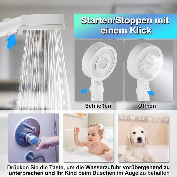 Duschkopf mit 4 PP Filter, Hochdruck Duschkopf Weiss | Handbrause mit 5 Sprühmodi, wassersparender D