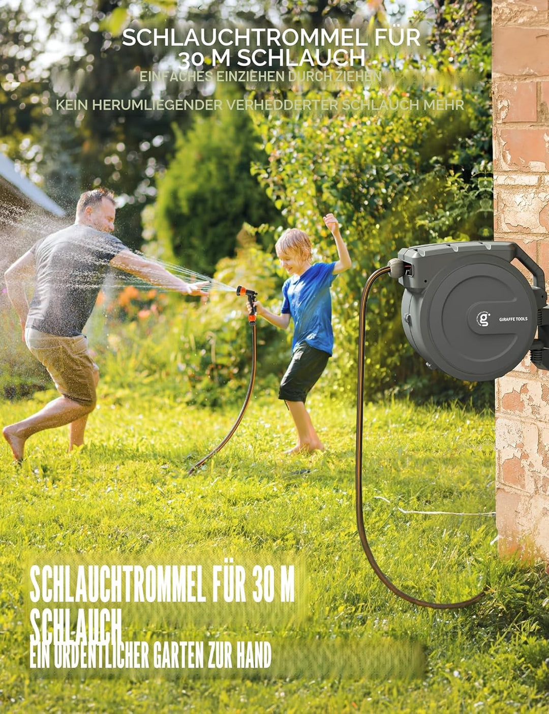 Giraffe Tools Gartenschlauchtrommel-Set mit Wasserhahn-Splitter und Abdeckung, einziehbarer 30 m Sch
