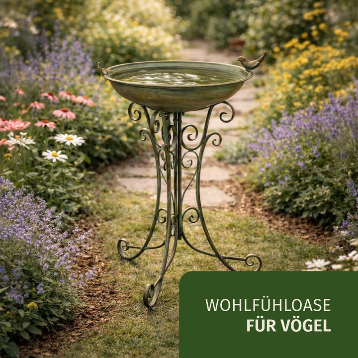 Moritz Vogeltränke XL Vogelbad antik grün mit kleinem Vogel auf der Wasserschale Höhe 73cm stehend V