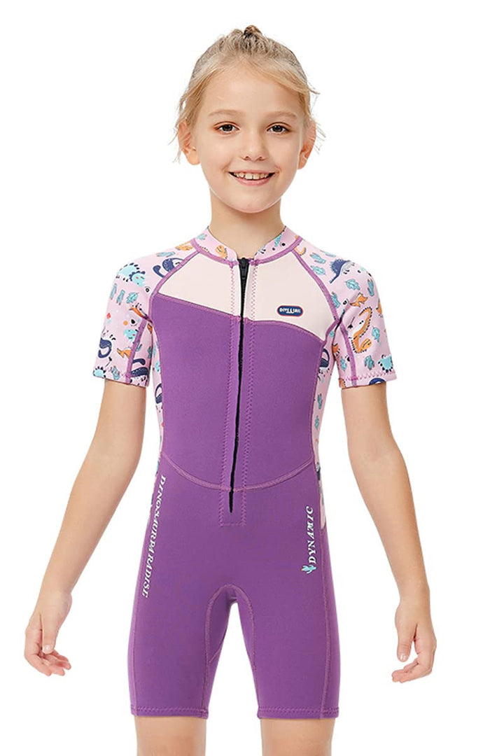 Mädchen 2.5mm Neoprenanzug Kinder Einteiler Tauchanzug Tropisch Violet Kurzarm Shorty Badeanzug Schn