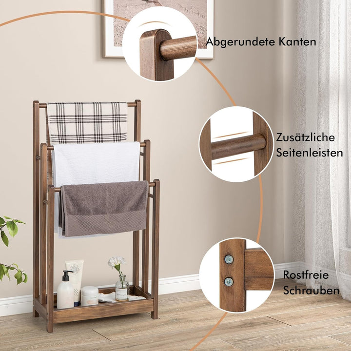 COSTWAY Handtuchständer freistehend, Handtuchhalter Holz mit 3 Handtuchstangen & unterer Ablage & Ki