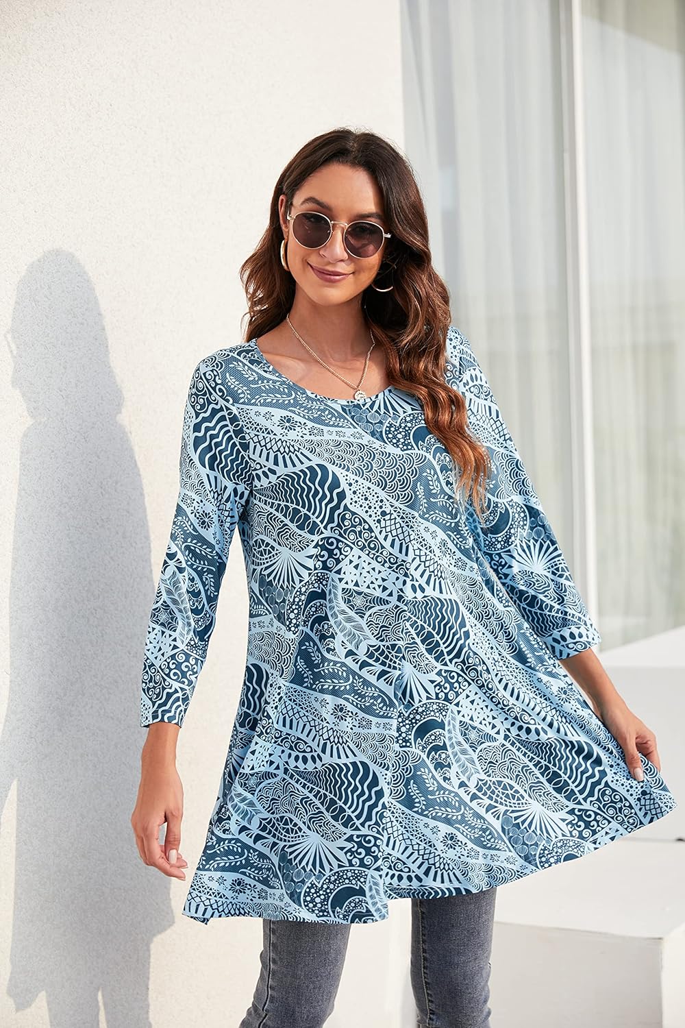 Enmain Damen Tunika Shirt Langarm/Kurzarm Bluse mit Blumen Longshirt Casual Elegante 3/4 Ärmel Rundh