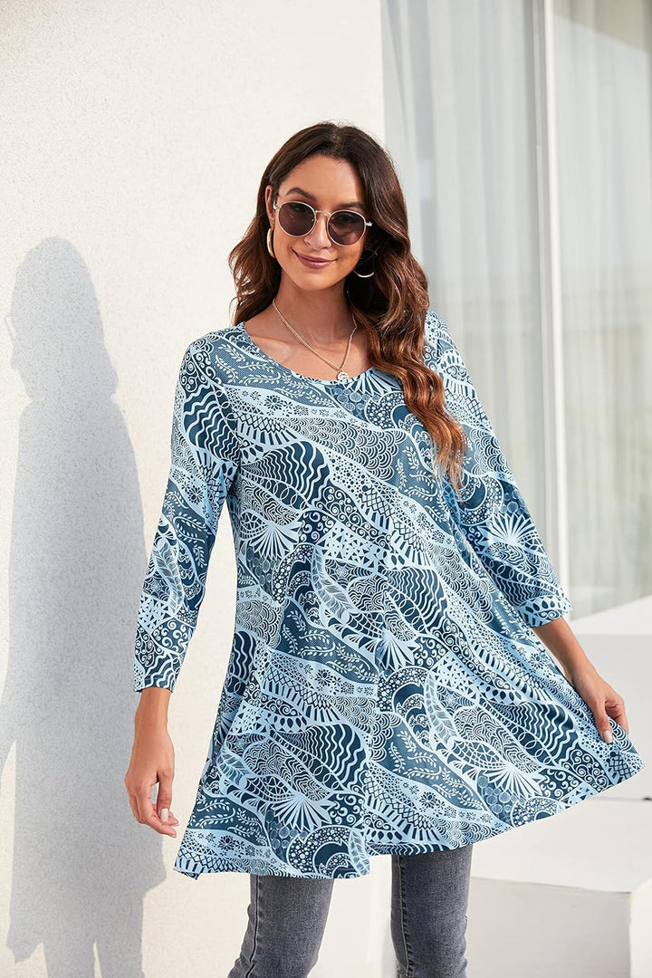 Enmain Damen Tunika Shirt Langarm/Kurzarm Bluse mit Blumen Longshirt Casual Elegante 3/4 Ärmel Rundh
