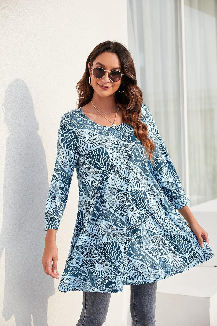 Enmain Damen Tunika Shirt Langarm/Kurzarm Bluse mit Blumen Longshirt Casual Elegante 3/4 Ärmel Rundh