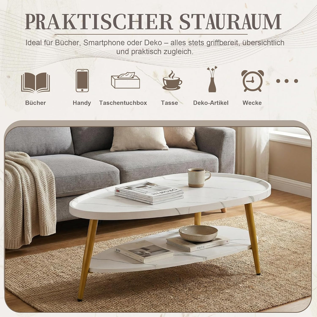 Couchtisch Oval Holz | Wohnzimmertisch Sofatisch mit Metallrahmen | Einfacher Aufbau, Industrie-Desi
