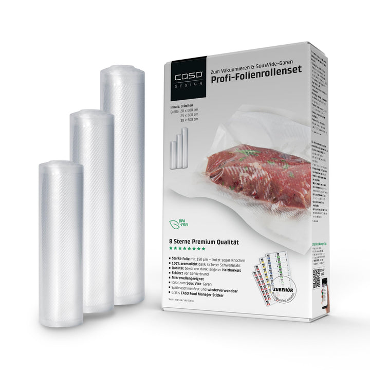 CASO Profi- Folienrollen Set 4 / 1 St. 20x600 cm, 1 St. 25x600 cm, 1 St. 30x600 cm 150µm, für Vakuum