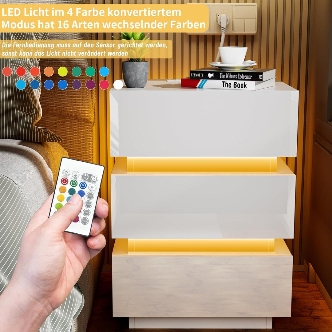 PIPIPOXER Nachttisch LED mit Steckdose &amp; USB, Beistelltisch in Weiss aus Hochglanz mit 3 Schubladen