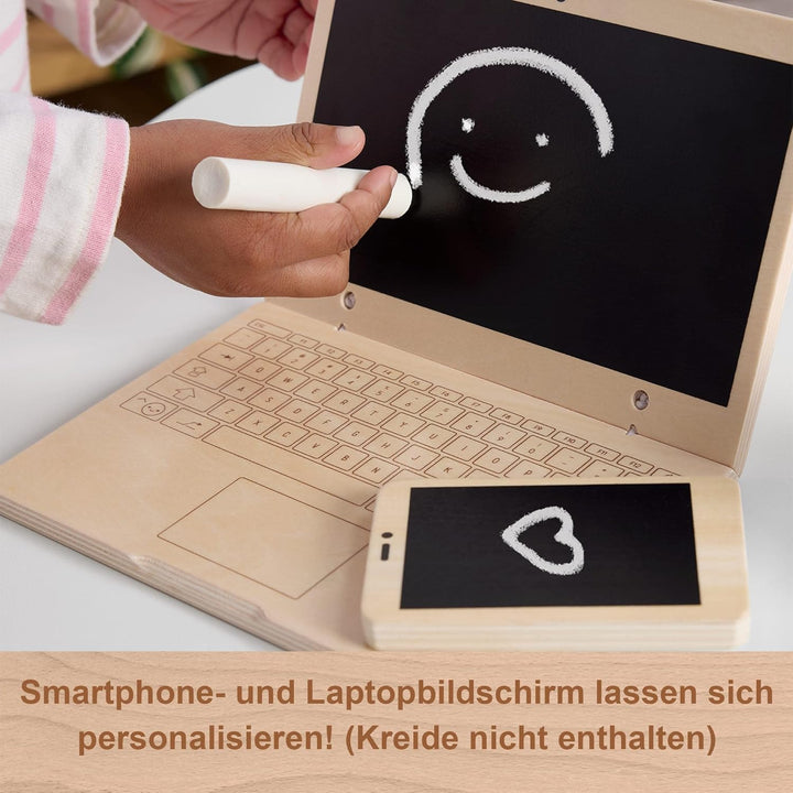 Fisher-Price Homeoffice-Set aus Holz für Kindergartenkinder, 9 Zubehörteile mit Holz-Laptop und -Tel