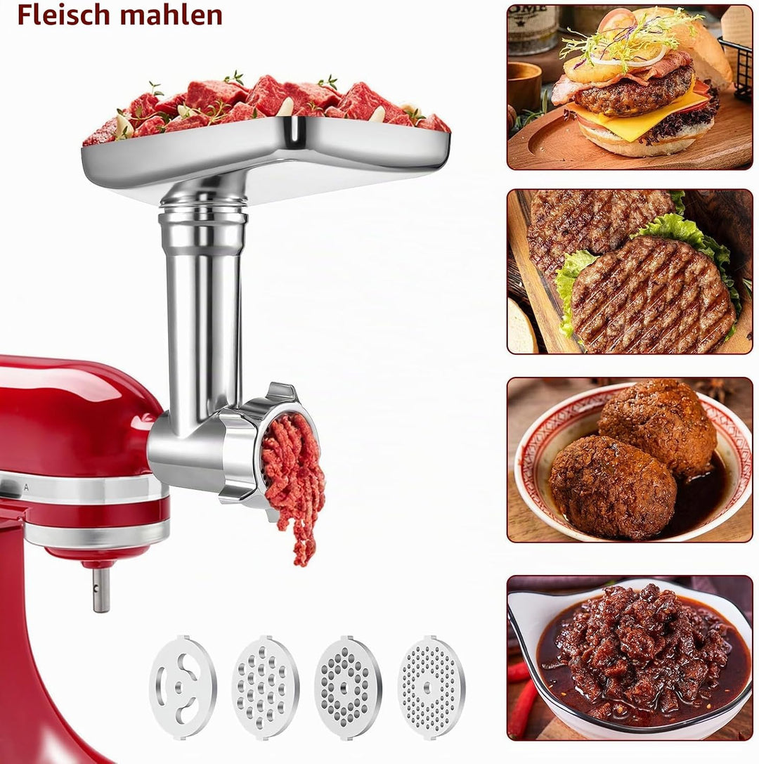 Fleischwolf Aufsatz für KitchenAid Küchenmaschinen mit 3 Wurstfüllrohren, 4 Mahlscheiben, 2 Messern,