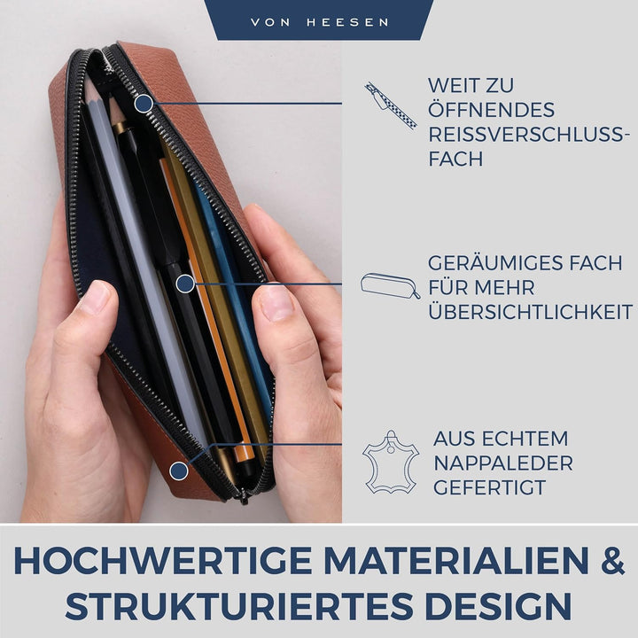 VON HEESEN® Echtleder Federmäppchen Leder Federmappe Etui für Stifte Mäppchen Schule Federtasche Uni