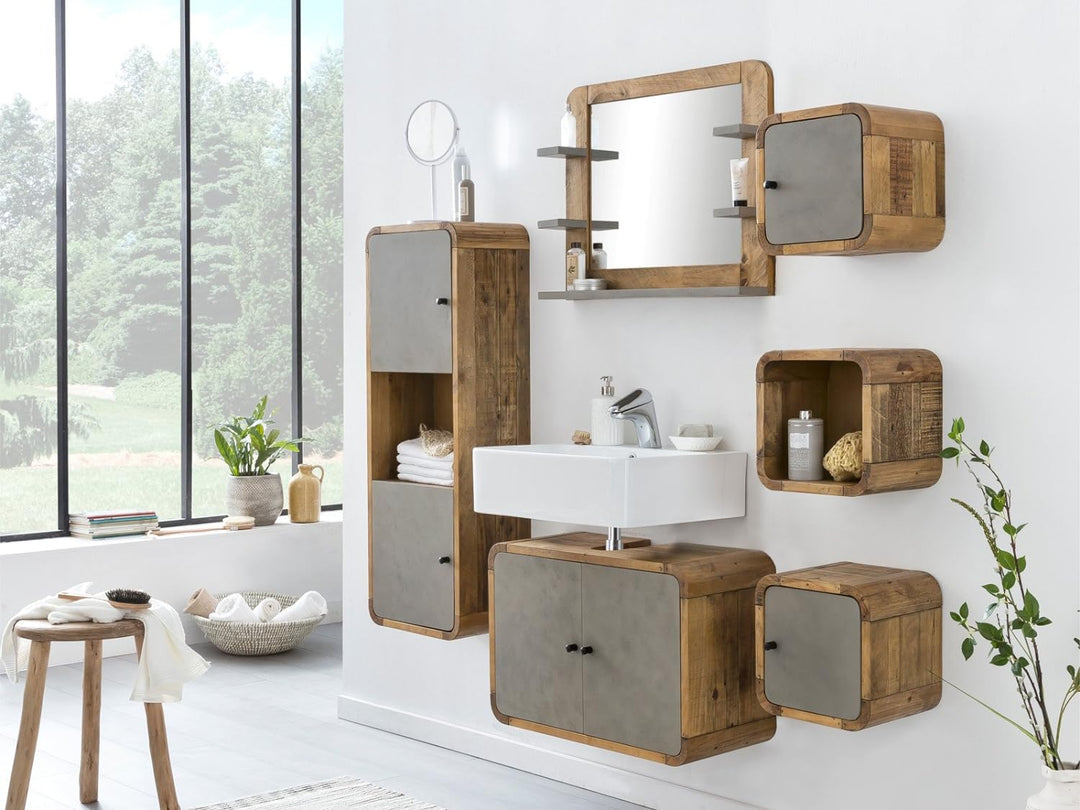 Woodkings® Badregal Dingle 30x30 Holz Pinie Natur rustikal und MDF in Betonoptik grau Badregal Regal