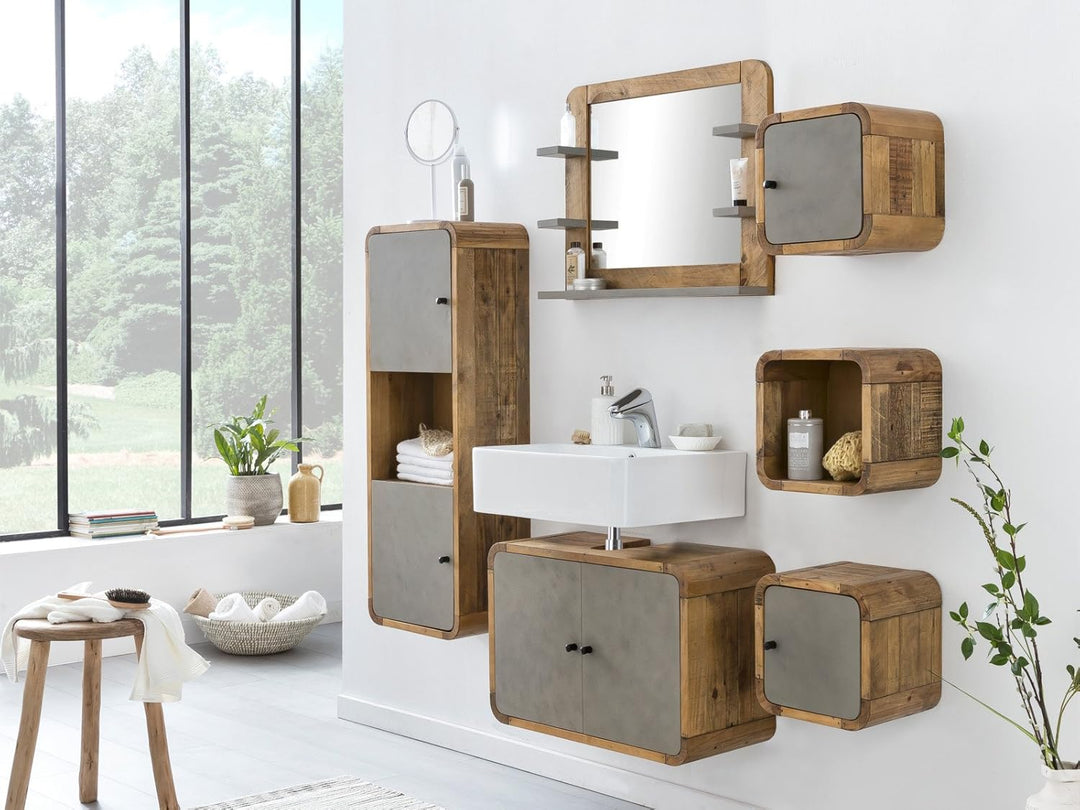 Woodkings® Badregal Dingle 30x30 Holz Pinie Natur rustikal und MDF in Betonoptik grau Badregal Regal