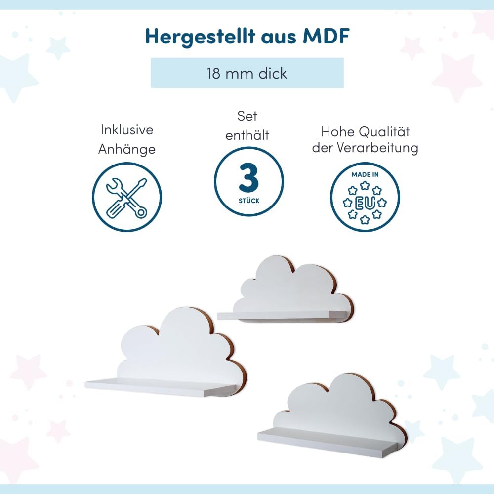 3er Set Wandregal Kinderzimmer Weiss | Babyzimmer Wolkenregal für Bücher, Spielzeug, Dekoration | Re