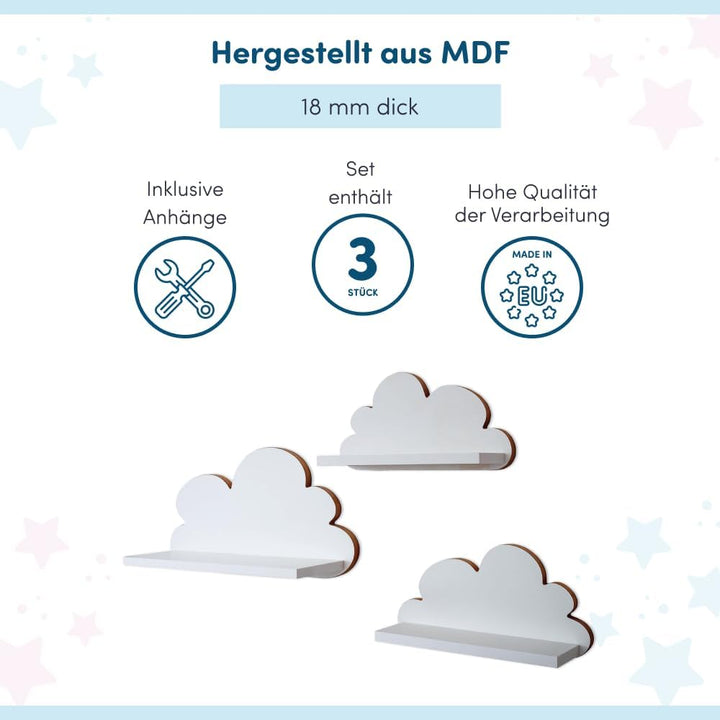 3er Set Wandregal Kinderzimmer Weiss | Babyzimmer Wolkenregal für Bücher, Spielzeug, Dekoration | Re