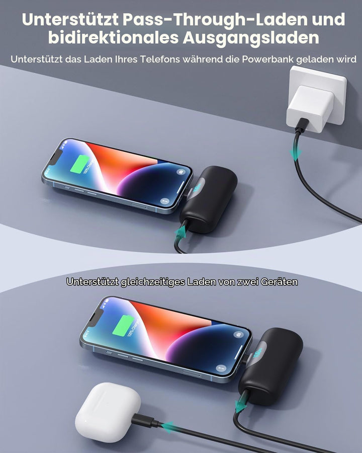 Mini Powerbank für iPhone 5500mAh, Klein Power Bank Kompakt 22.5W PD 3.0A Schnelles Aufladen Akkupac