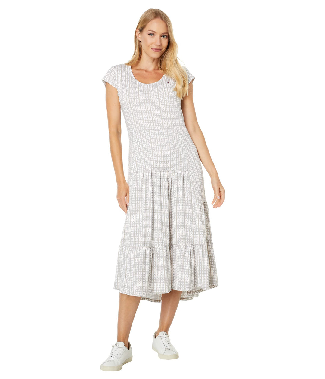 Tommy Hilfiger Damen Gestuftes Midikleid mit Streifen Lässiges Kleid XS Khaki/Bright White, XS Khaki