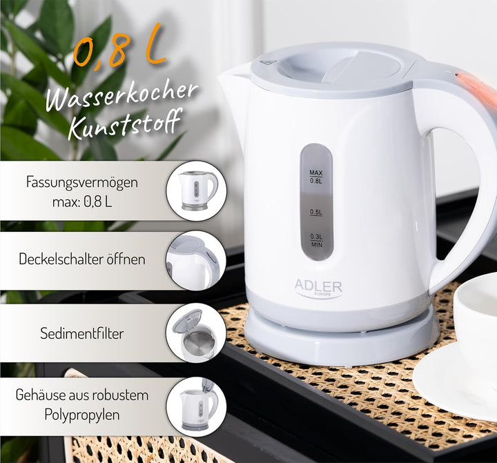 ADLER-Kunststoffkessel 1,0 l, Kontrollleuchte, Trockengehschutz, weiss 1 Liter Weiss, 1 Liter Weiss