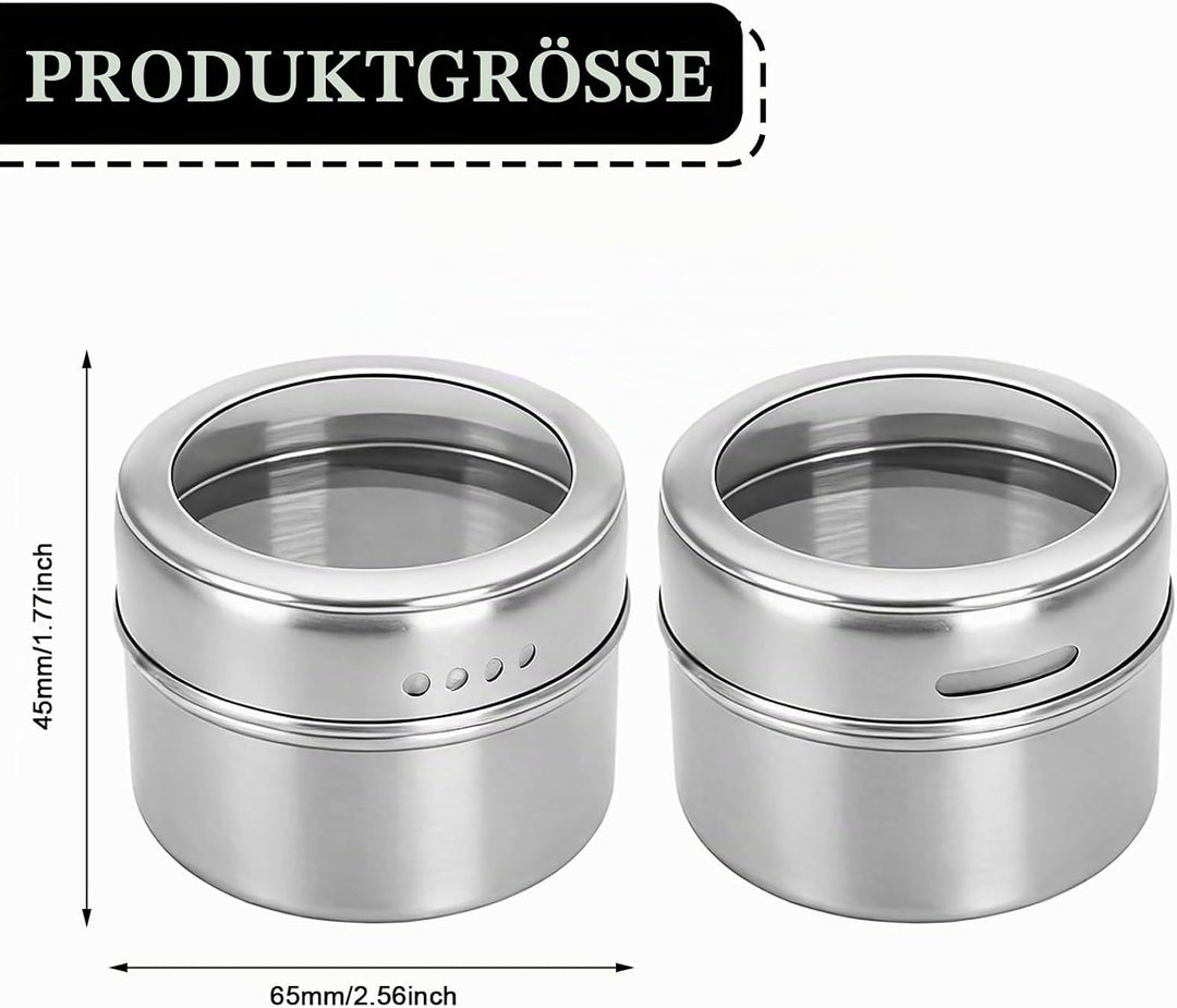 12 Stück Gewürzdosen Magnetisch, 100ml Edelstahl Transparent Top BBQ Gewürzdose, 2-in-1 Gewürzbehält