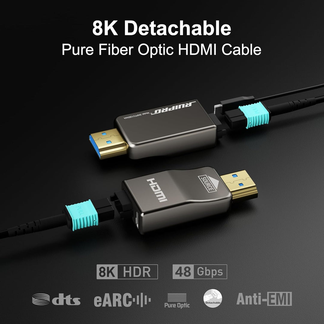 RUIPRO 8K HDMI 2.1 Kabel mit abnehmbarem Stecker aus reiner Glasfaser, 70 m, armiert, Ultra High Spe