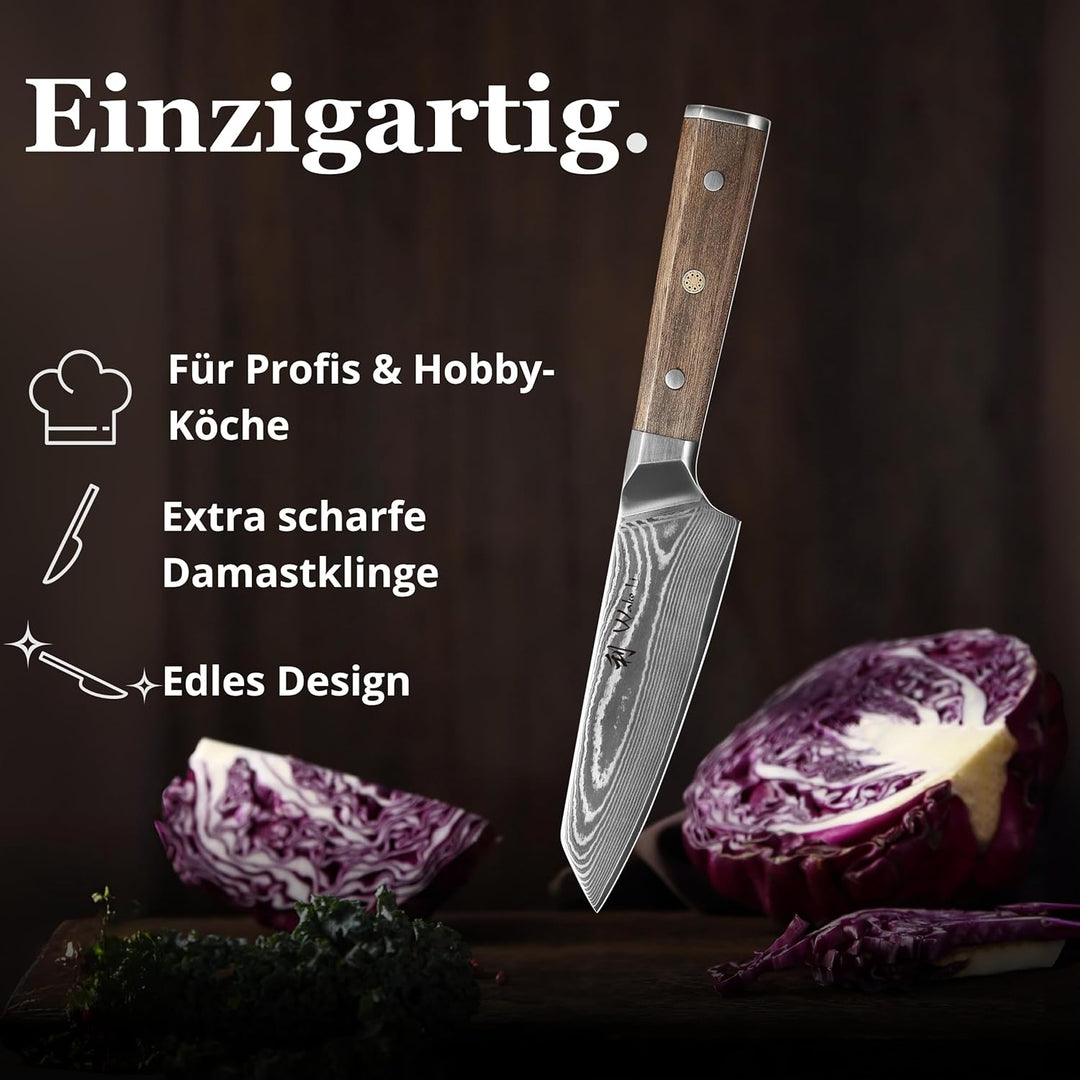 Wakoli Hickory Kiritsuke-Chefmesser 15 cm, 67 Lagen Damaststahl, VG10-Kern | Full-Tang-Konstruktion,