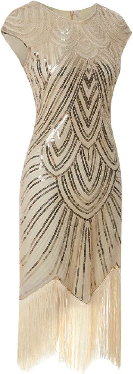 MIMIKRY 20er Jahre Charleston Pailletten Kleid Creme/Gold mit Fransen Flapper Damen-Kostüm, Grösse:X