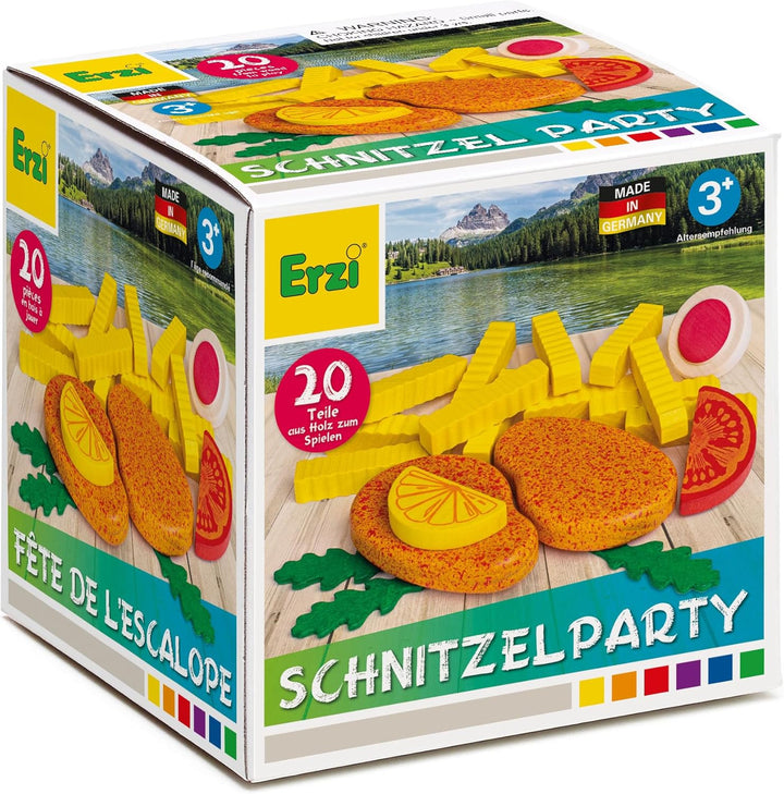 Erzi 28136 Sortierung Schnitzelparty aus Holz, Kaufladenartikel für Kinder, Rollenspiele.