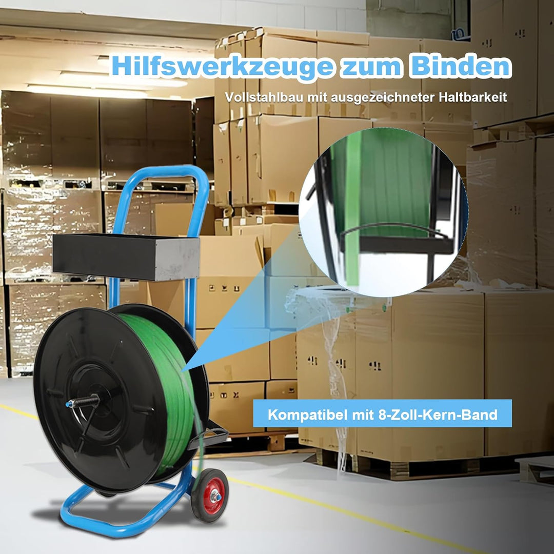 Abrollwagen für PET-/PP-/Faser-Umreifungsband mit 203 mm Kern, robuster Profi Umreifungsspender, fah