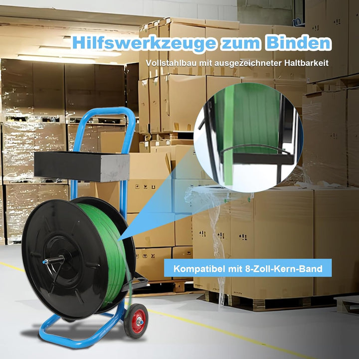 Abrollwagen für PET-/PP-/Faser-Umreifungsband mit 203 mm Kern, robuster Profi Umreifungsspender, fah