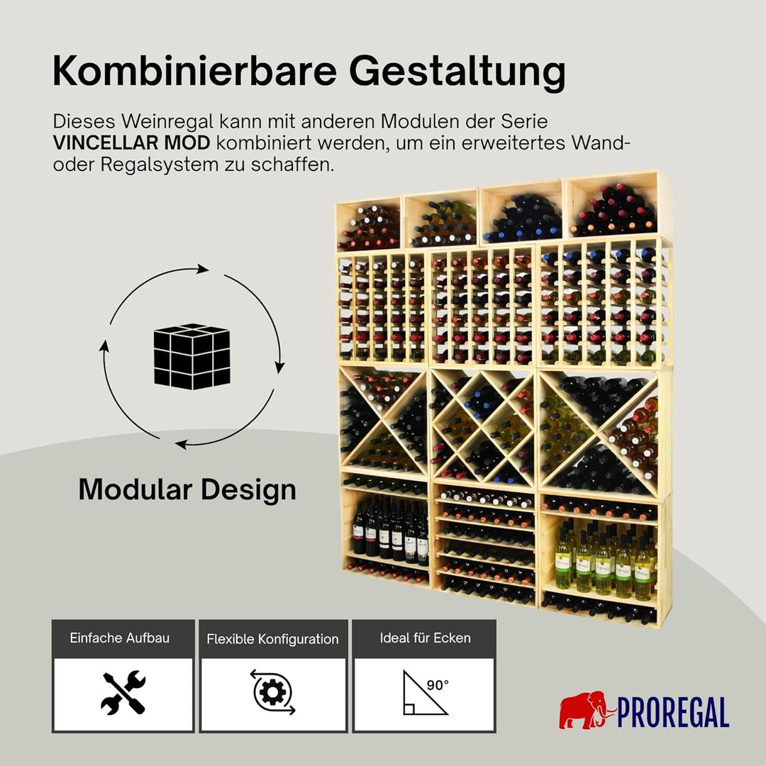 PROREGAL Modulares Weinregal VINCELLAR MOD | HxBxT 60x60x30cm | Standflaschen Modul für 32 Flaschen