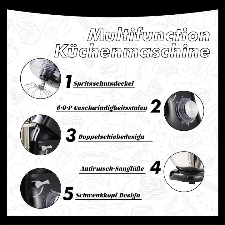 Kitchen in the box Küchenmaschine, 7,5 L Knetmaschine 1400 W, 6 Geschwindigkeits Teigmaschine mit Rü