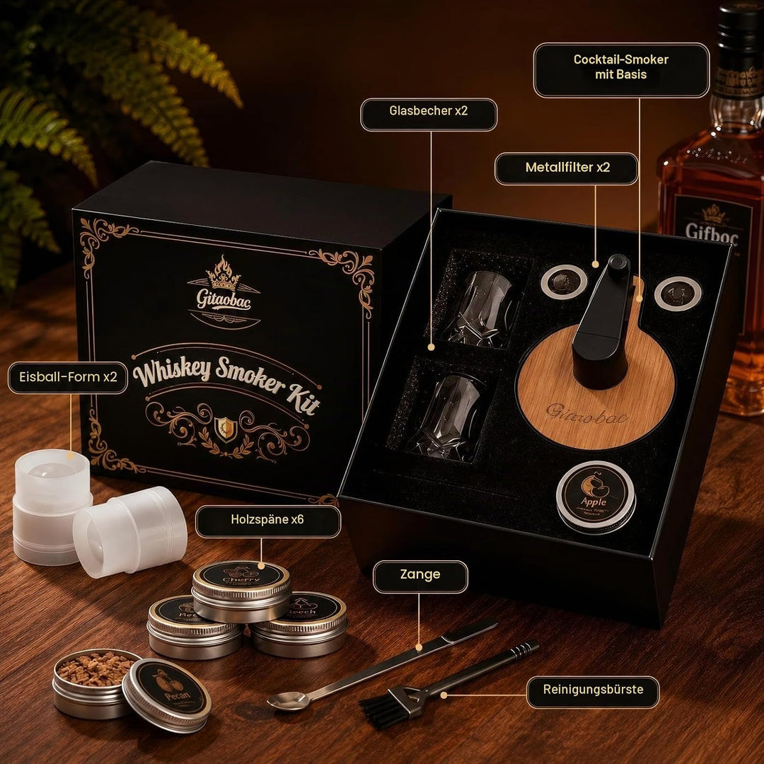 Whiskey-Smoker-Set mit integriertem Feuerzeug, 6 Sorten Holzspäne, 2 Gläser, 2 Eisballformen, Cockta