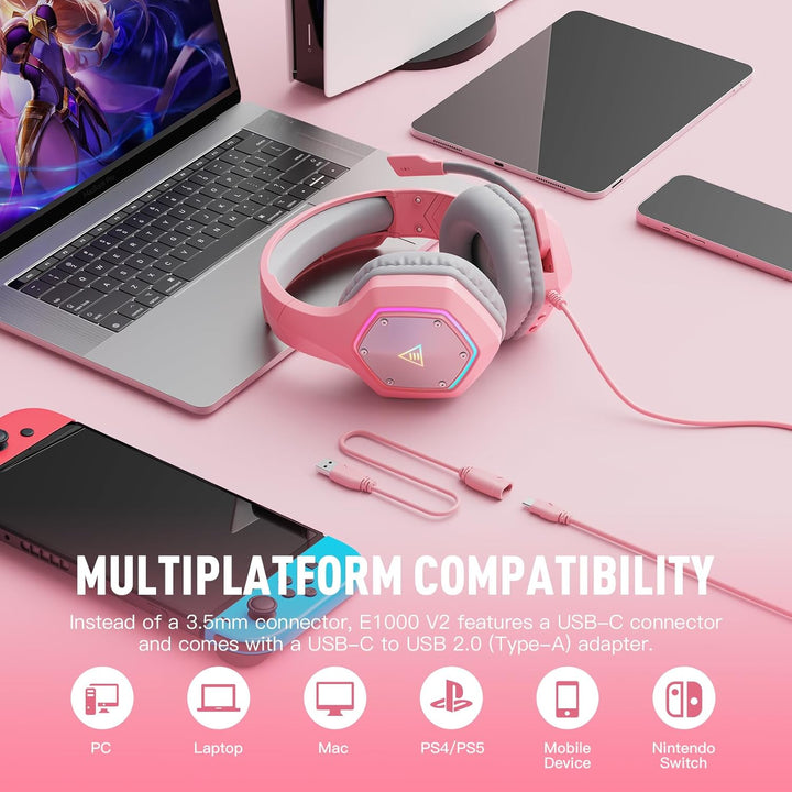 EKSA E1000V2 Gaming Headset, Type-C &amp; USB-A Schnittstelle Headset Mit Mikrofon, 7.1 Surround Sound &amp;