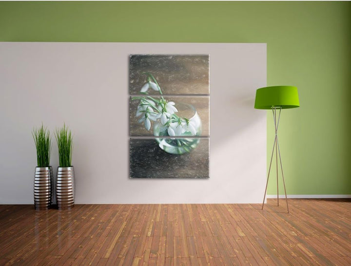 Pixxprint Schneeglöckchen in der Vase als Leinwandbild | Grösse: 3 Teilig (120x80) | Wandbild| Kunst