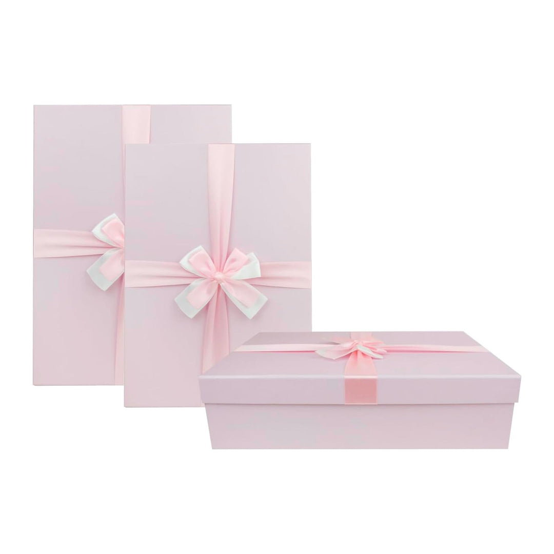 Emartbuy 3er Set starre Geschenkboxen, Babyrosa Box mit Deckel, innen braun und Satinband, 3er-Set –