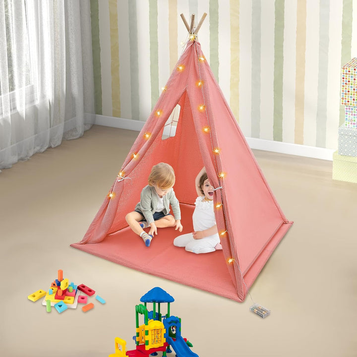 Tipi Zelt für Kinder, Spielzelt Kinder mit weicher Matte & Lichterkette, 1,4m hohes Kinderzelt aus B