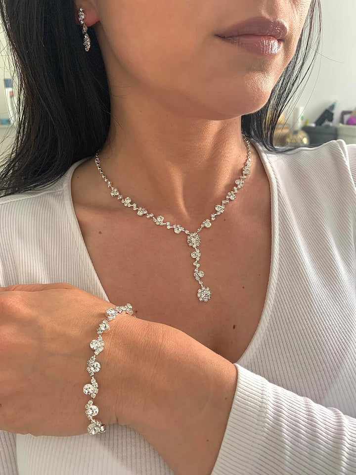 ONDEGO® 3er Set Y SILBER Strass Schmuck Kette Schmuckset Armband Hochzeit Collier Halskette Brautsch